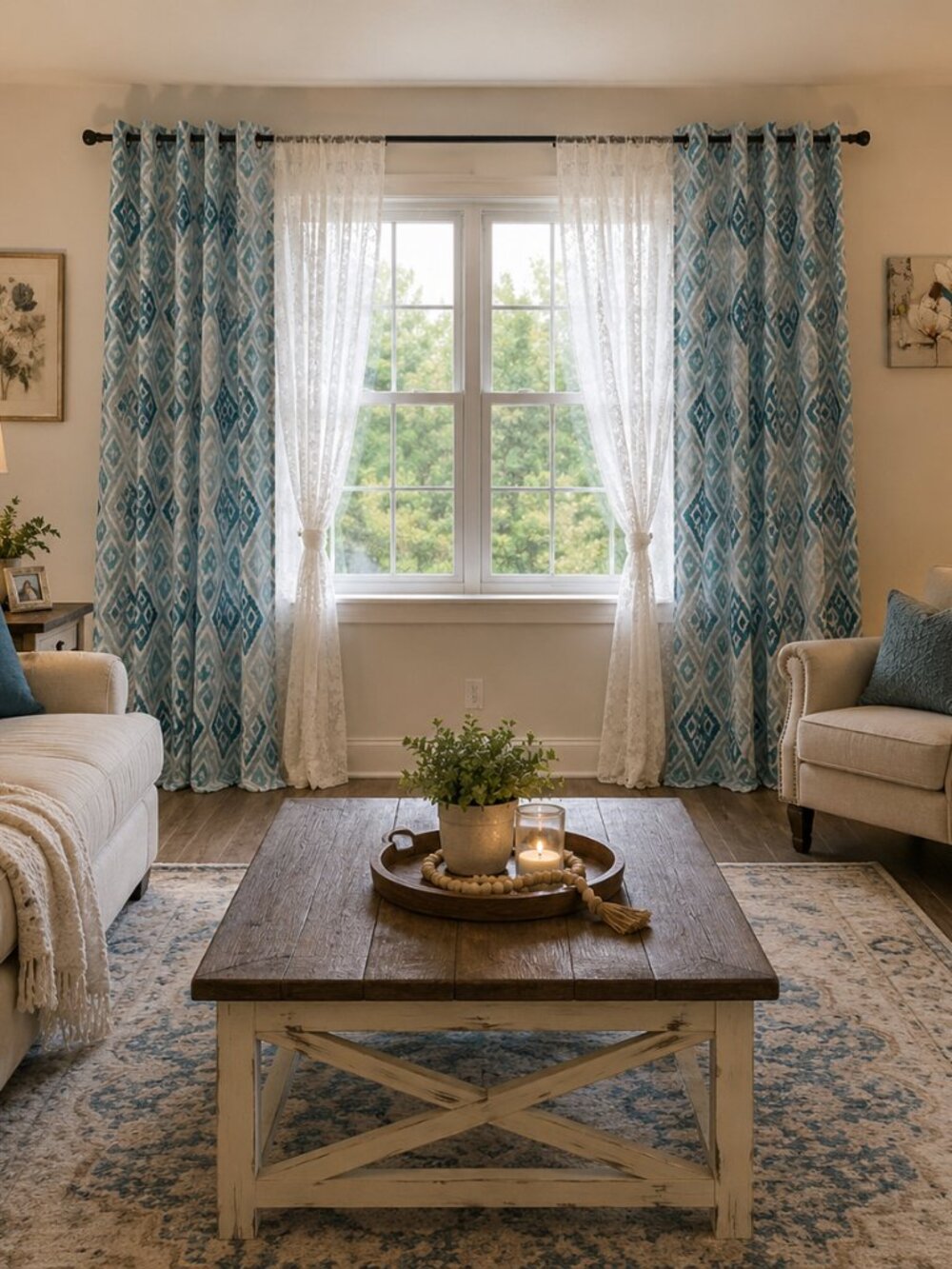 Mysky Home Bedroom Curtains Blue Geometric Pattern Silver Grommets (2)  Panels